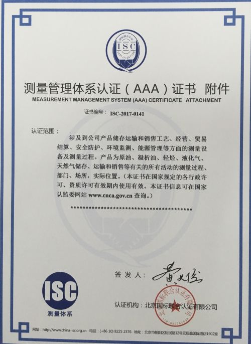中国石油化工股份有限公司西北油田分公司测量管理体系认证（AAA）证书附件