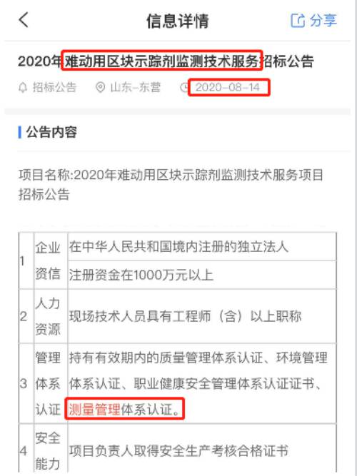 最新的招标公告中难动用区块示踪剂监测技术服务项目在招投标中将ISO10012测量管理体系列为资质必备项