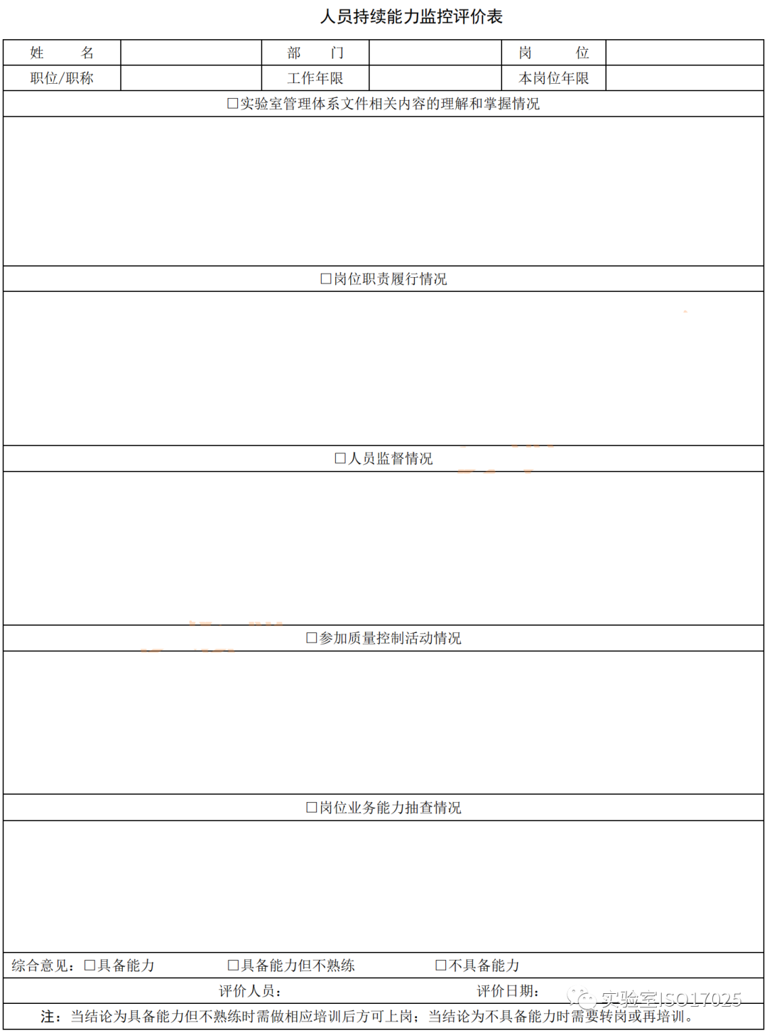 人员持续能力监控评价表